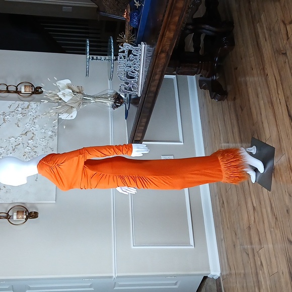 Women's Orange Off-Shoulder Furry Hem Maxi Dress. Size S - Picture 13 of 17